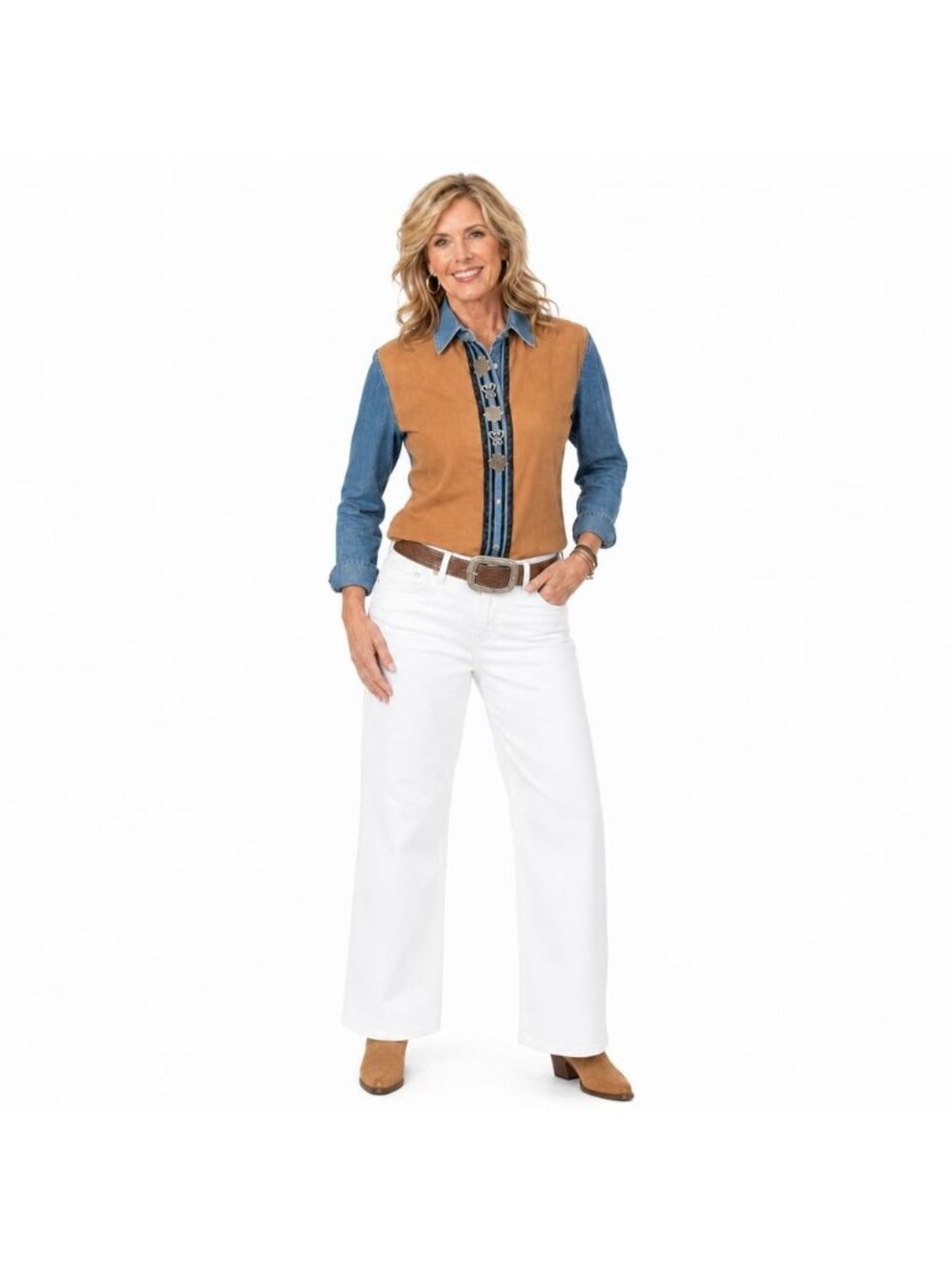 Western Wrangler Denim Suede Button-Up Shirt Silver Accents Womens S Cowgirl